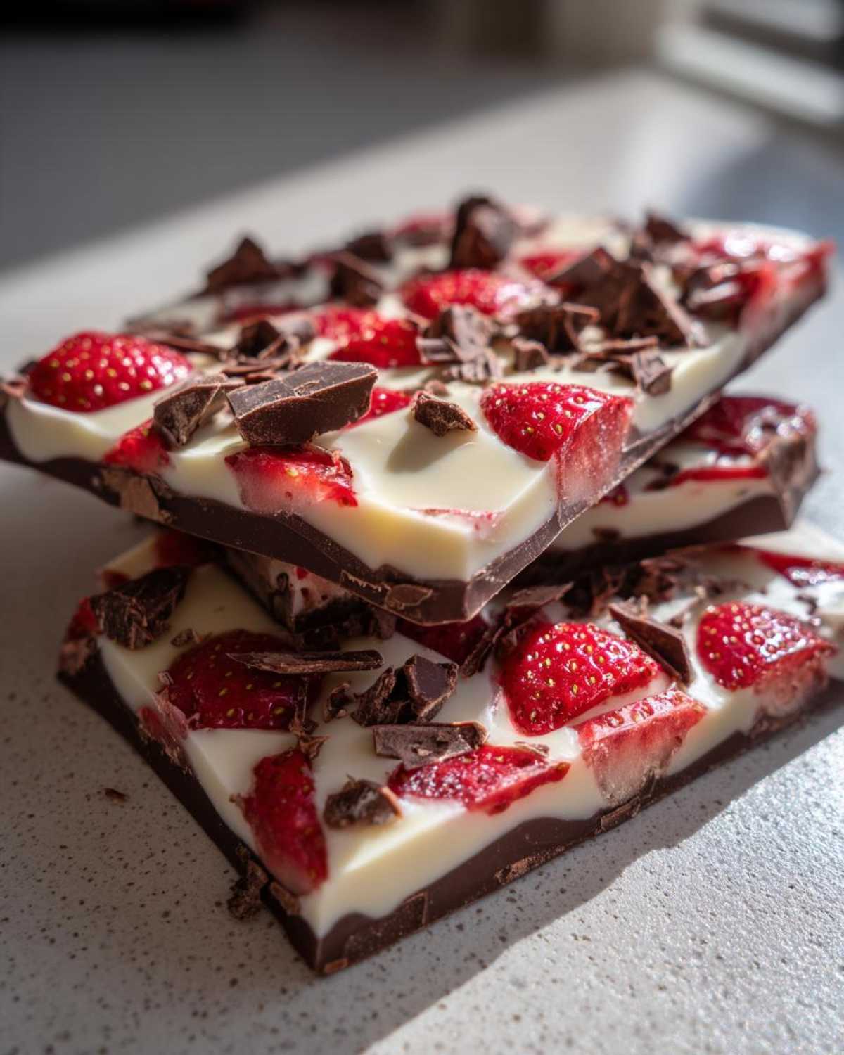 Three stacked pieces of Chocolate Covered Strawberry Bark featuring white chocolate, dark chocolate base, sliced strawberries, and chocolate shavings.