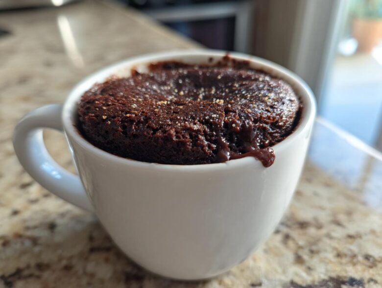 Close-up of a rich Chocolate Lava Mug Cake baked inside a white mug, with molten chocolate dripping over the edge.