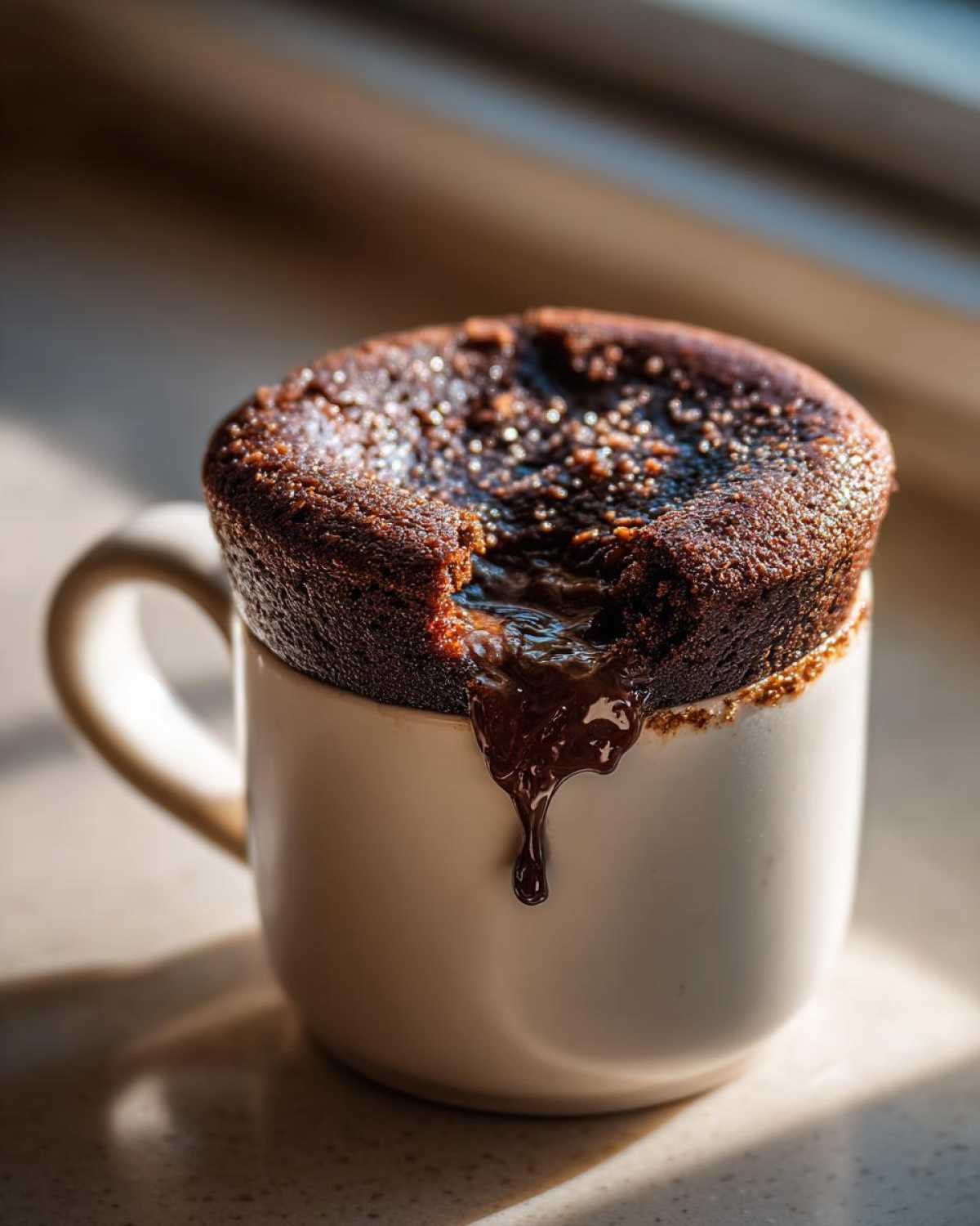 Close-up of a freshly baked Chocolate Lava Mug Cake overflowing a white mug with molten chocolate dripping down the side.