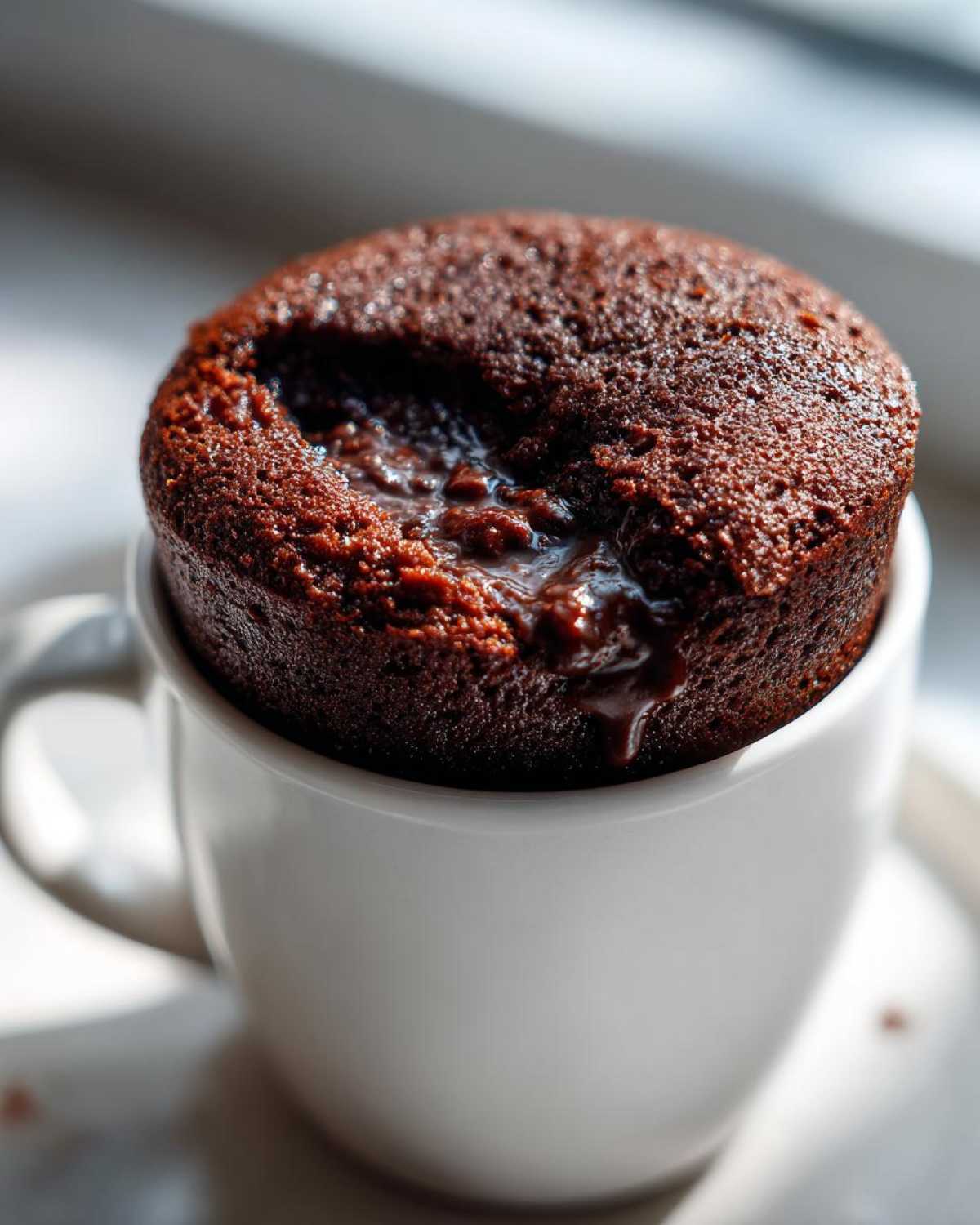 Close-up of a freshly baked Chocolate Lava Mug Cake overflowing slightly from a white mug, showing the molten chocolate center.