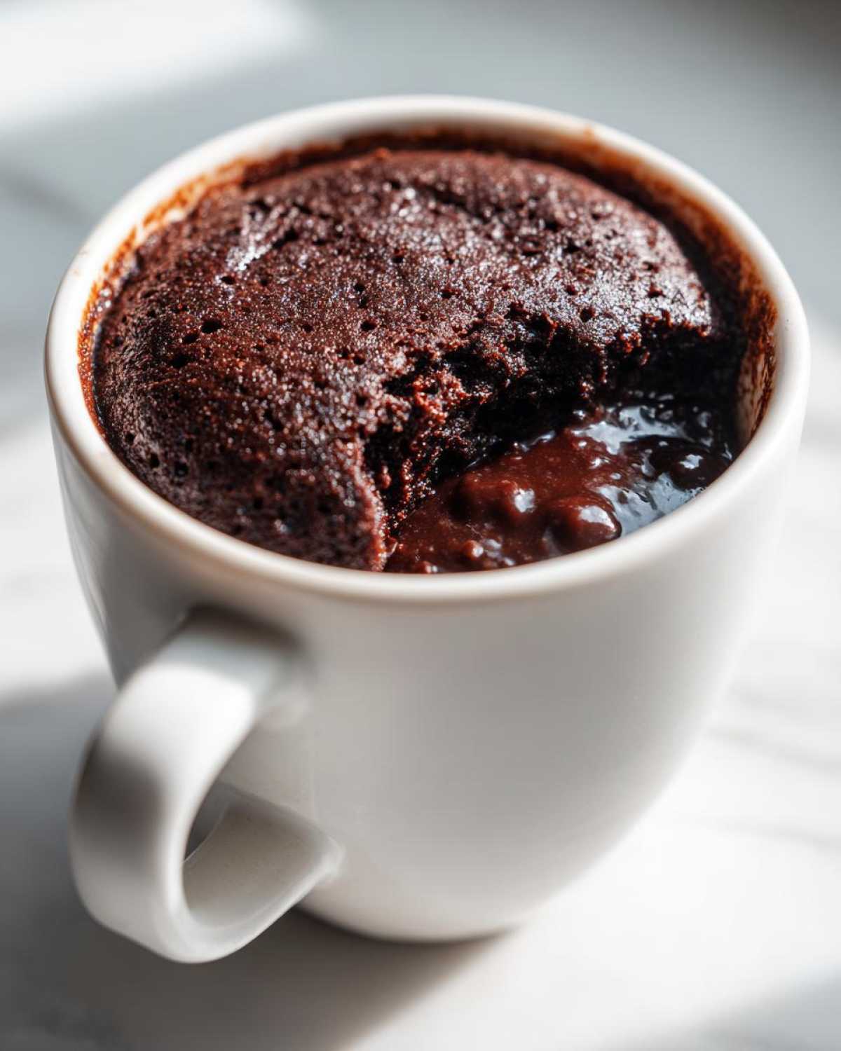 Close-up of a rich Chocolate Lava Mug Cake in a white mug with the molten center oozing out.