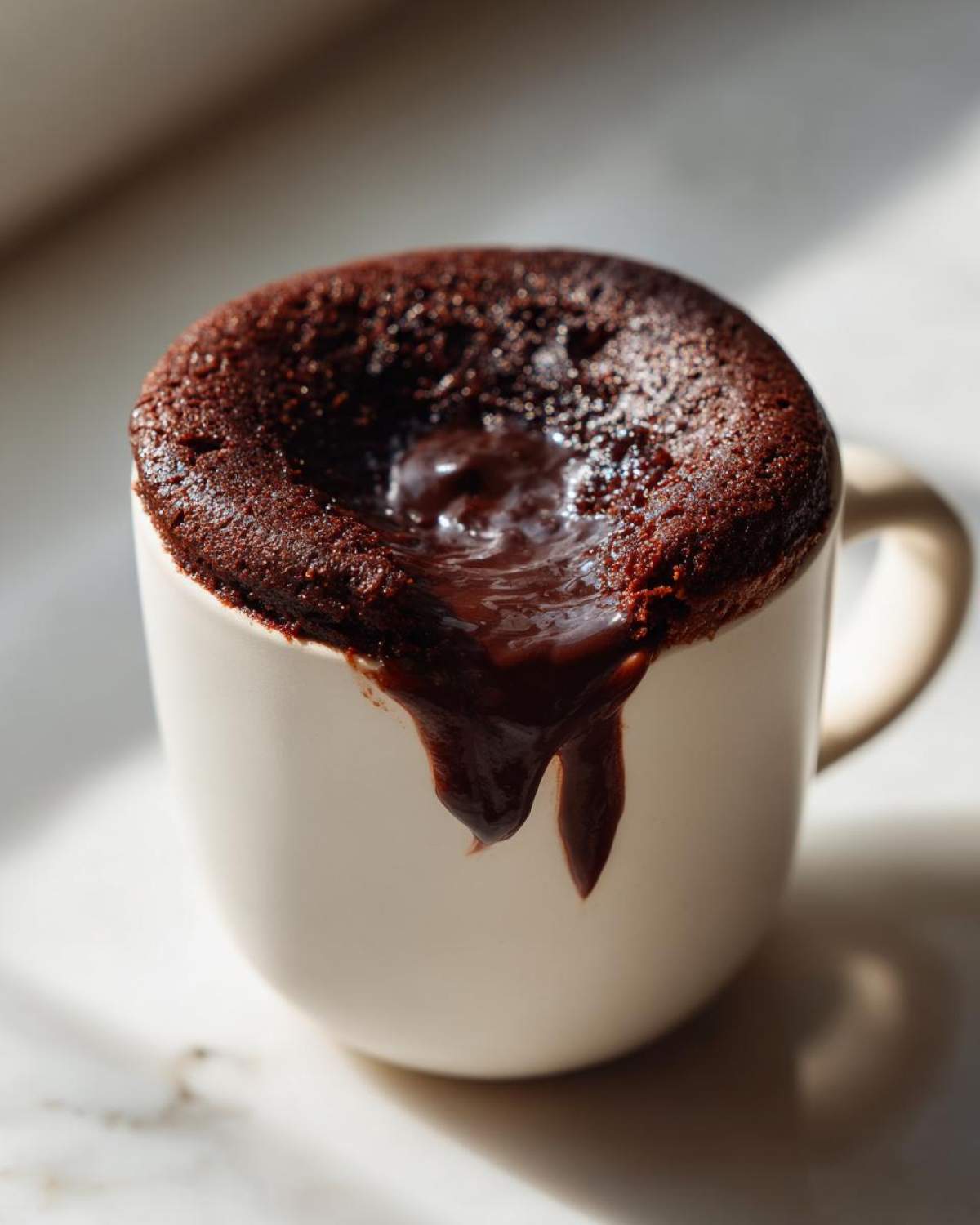 Close-up of a freshly baked Chocolate Lava Mug Cake overflowing with molten chocolate.