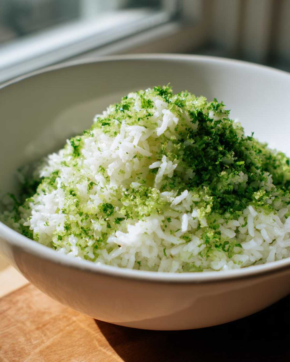 Close-up of fluffy white rice topped generously with bright green cilantro and lime zest, perfect Cilantro Lime Rice for Burrito Bowls.