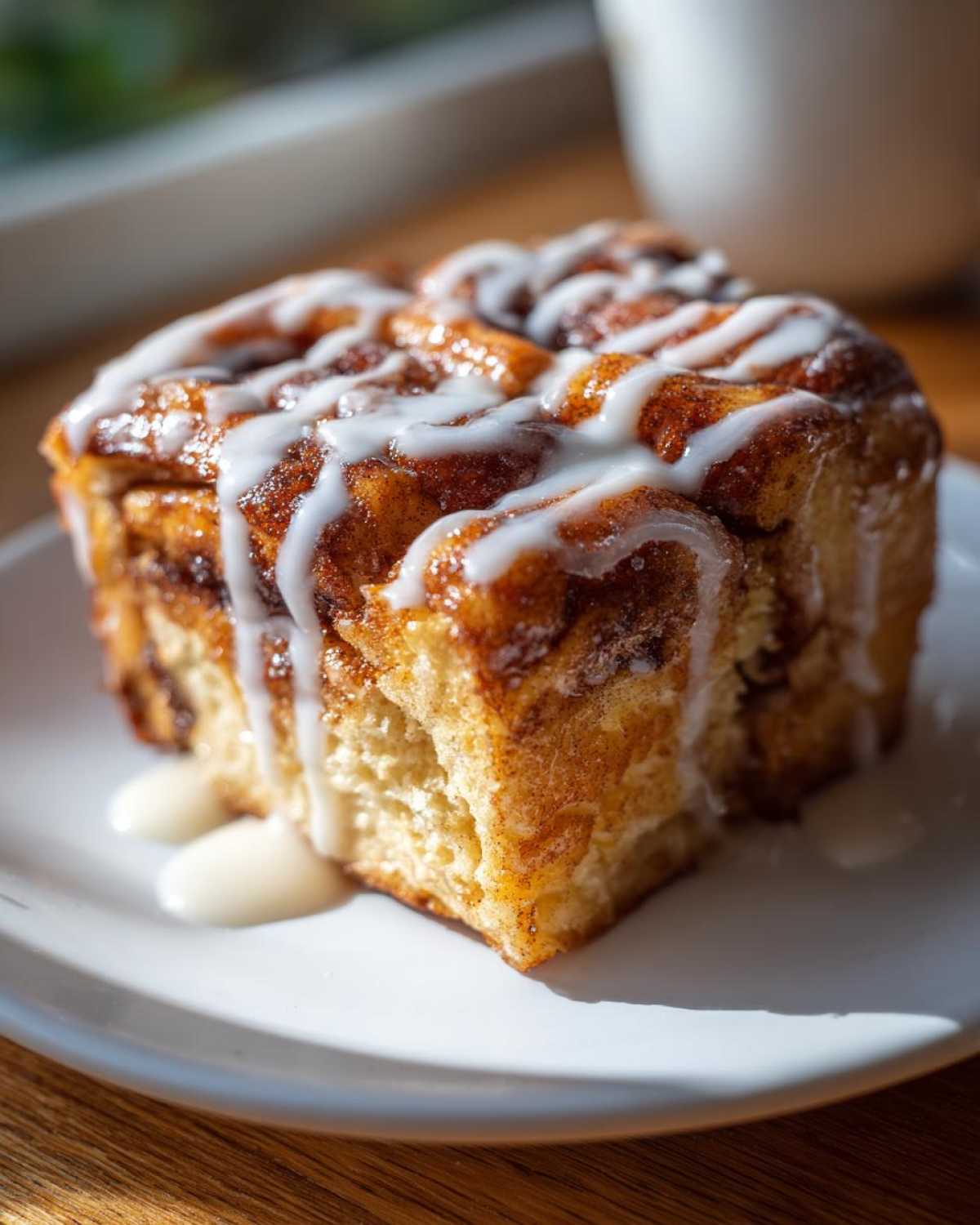 Close-up of a square serving of Cinnamon Roll Overnight French Toast Bake drizzled with white icing.