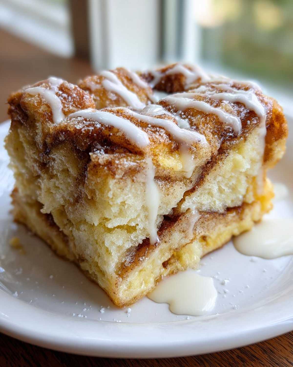 A close-up of a square slice of Cinnamon Roll Overnight French Toast Bake drizzled with white icing.