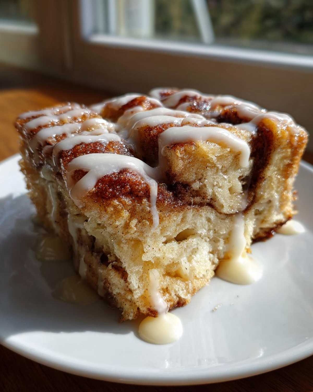 A square serving of Cinnamon Roll Overnight French Toast Bake drizzled with white icing on a white plate.