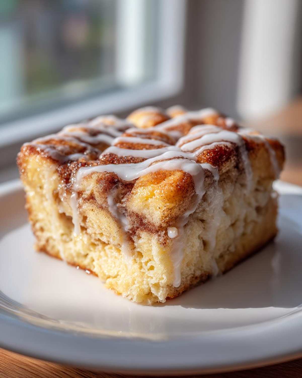 A square serving of Cinnamon Roll Overnight French Toast Bake topped with sweet white icing.