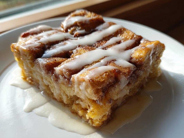 Close-up of a square serving of Cinnamon Roll Overnight French Toast Bake drizzled with white icing.