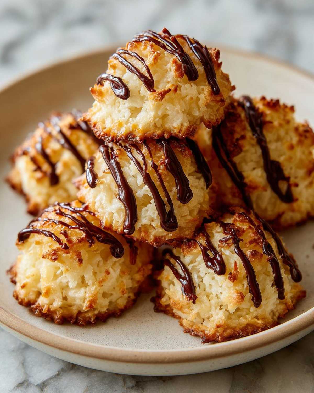 A stack of golden brown Coconut Macaroons with Dark Chocolate Drizzle piled on a light ceramic plate.