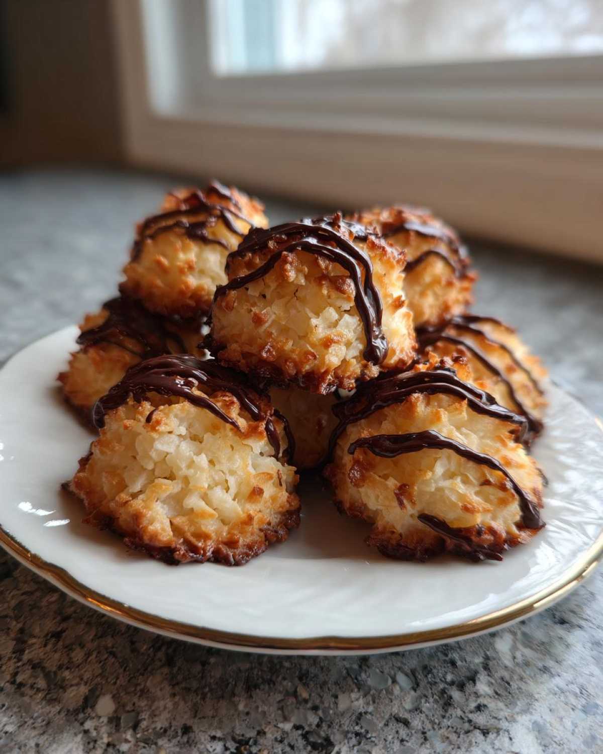 A stack of golden-brown Coconut Macaroons with Dark Chocolate Drizzle on a white plate.