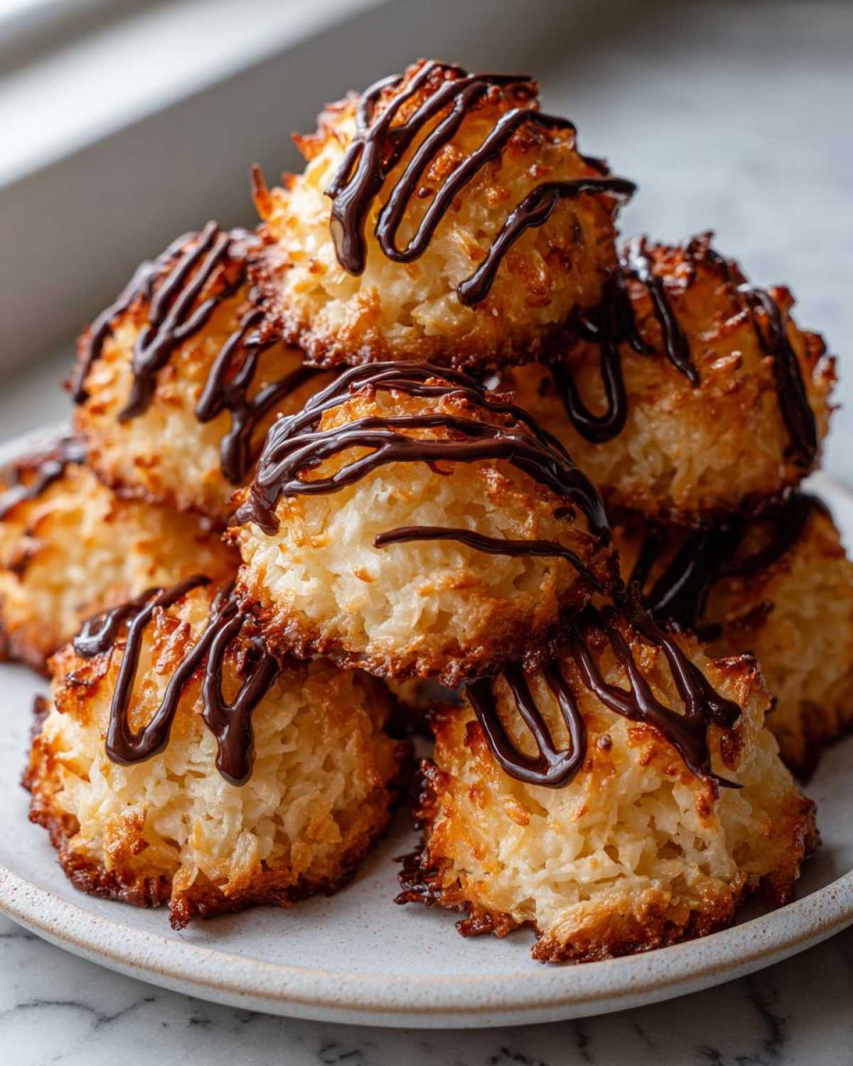 A stack of golden brown Coconut Macaroons with Dark Chocolate Drizzle piled on a light plate.