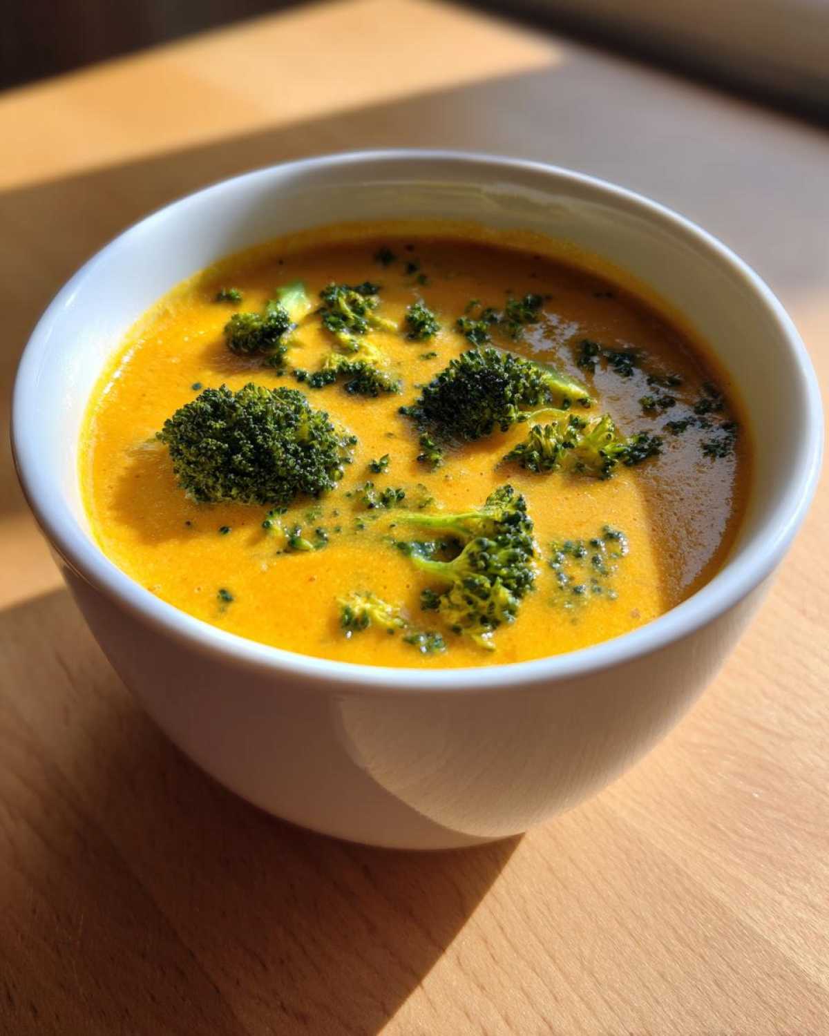 A close-up of a white bowl filled with vibrant orange Copycat Broccoli Cheddar Soup topped with green broccoli florets.