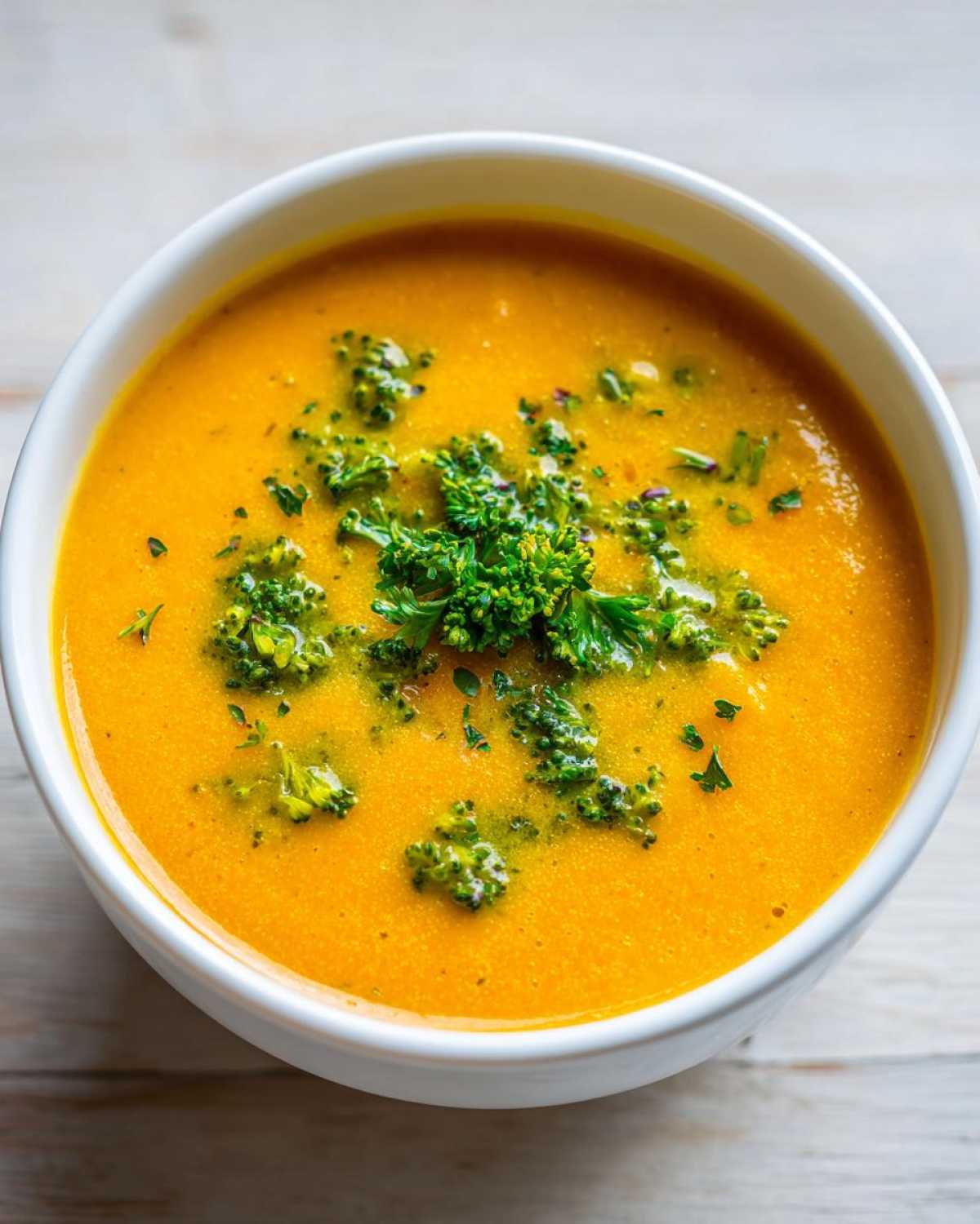Close-up of a vibrant orange Copycat Broccoli Cheddar Soup garnished with green broccoli florets and parsley.