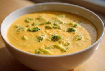 A creamy, orange-yellow bowl of Copycat Broccoli Cheddar Soup featuring visible green florets.