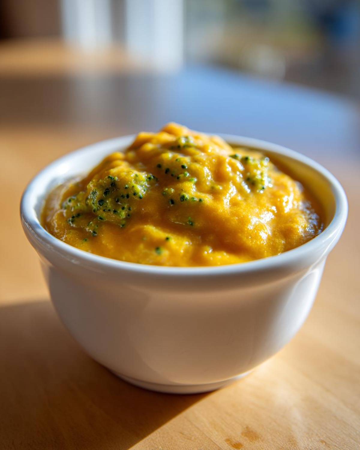 A close-up of thick, creamy Copycat Broccoli Cheddar Soup topped with small pieces of green broccoli florets in a white bowl.