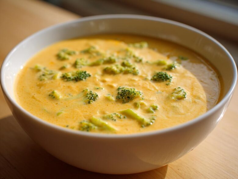 A creamy, orange-yellow bowl of Copycat Broccoli Cheddar Soup featuring visible green florets.
