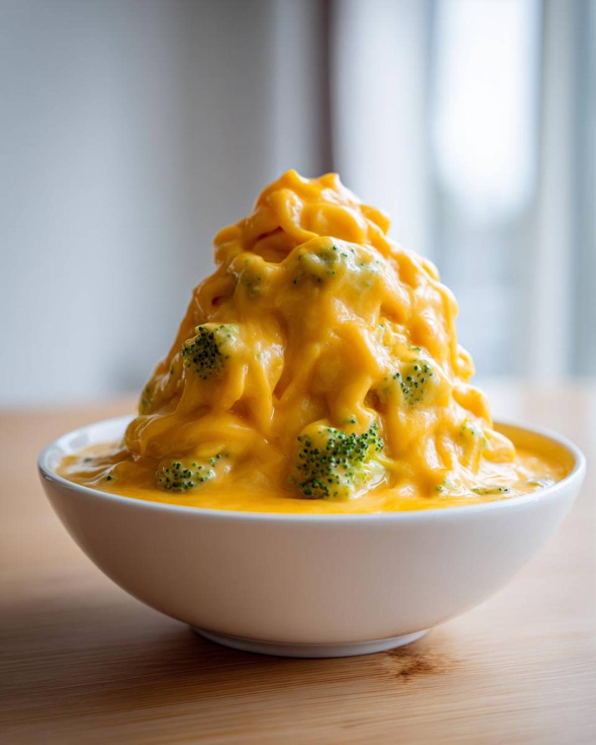 A close-up of thick, creamy Copycat Broccoli Cheddar Soup piled high in a white bowl on a wooden surface.