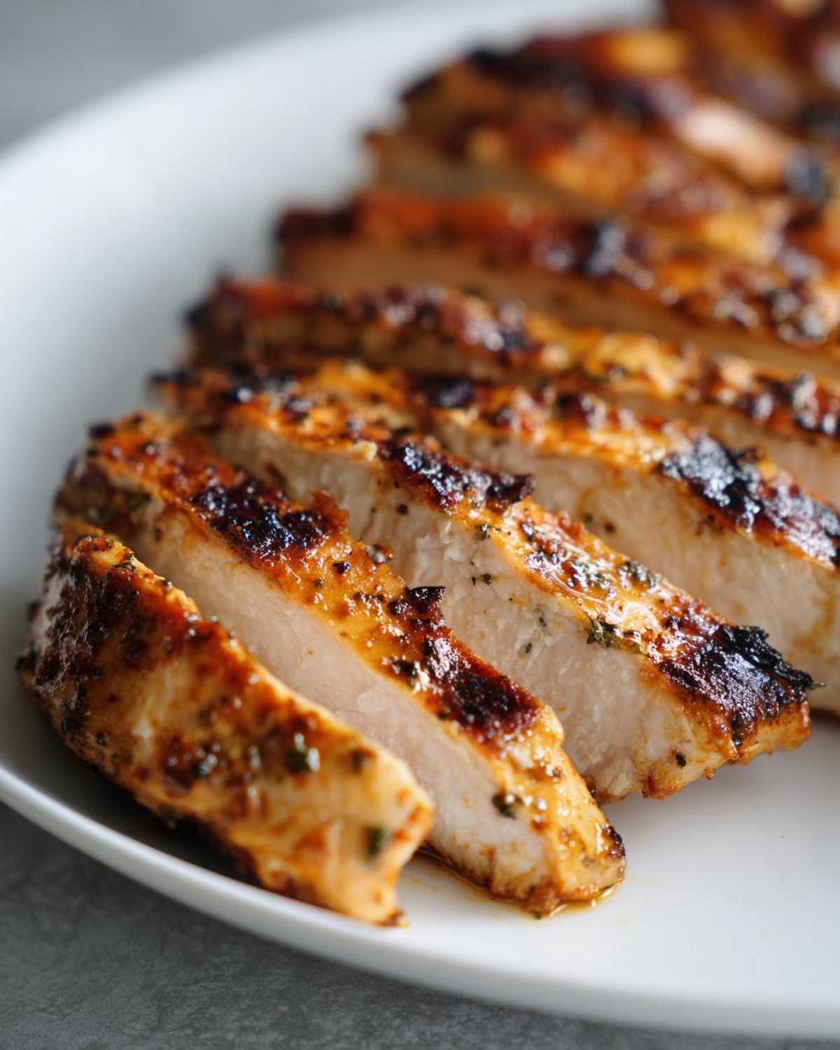 Close-up of perfectly cooked, sliced Copycat Chipotle Chicken showing juicy white meat and charred, seasoned exterior.