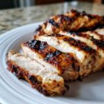 Close-up of sliced Copycat Chipotle Chicken showing the juicy white interior and charred, seasoned exterior.