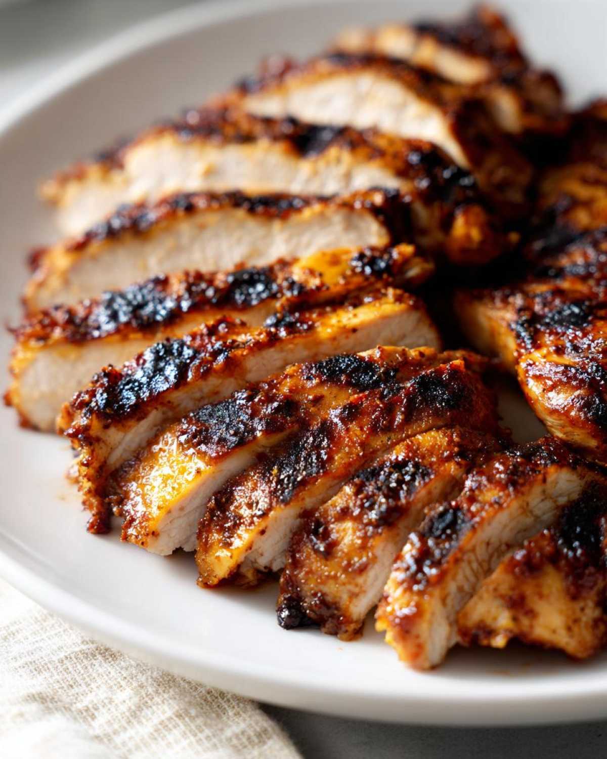 Close-up of sliced, grilled Copycat Chipotle Chicken showing juicy white meat and a dark, flavorful spice rub.