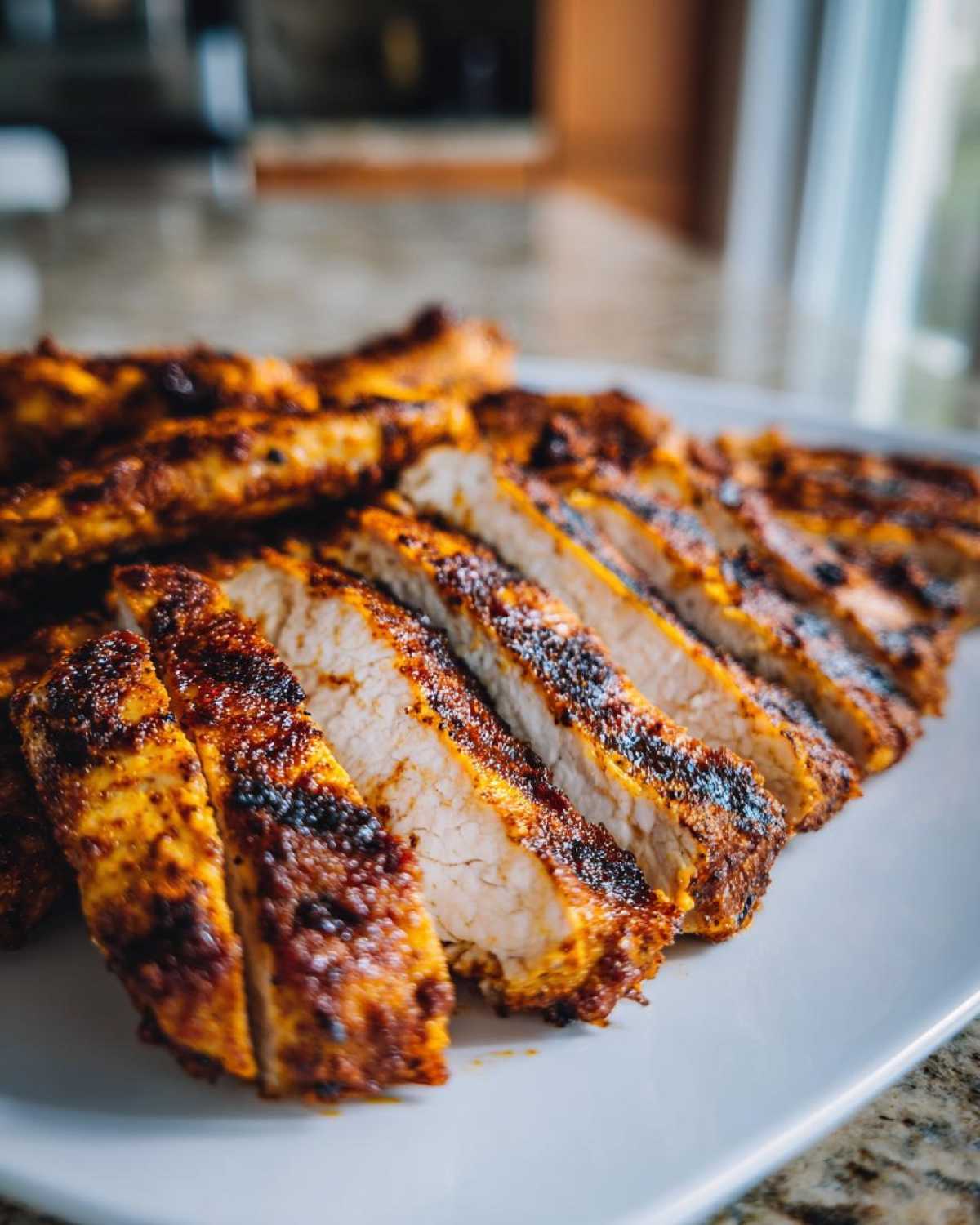 Close-up of sliced Copycat Chipotle Chicken breast showing juicy white meat and a heavily seasoned, charred exterior.