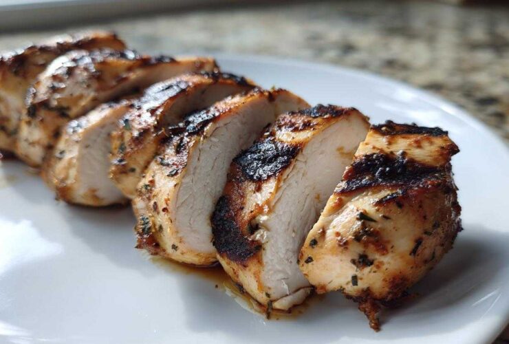 Close-up of sliced Copycat Chipotle Chicken breast showing juicy white meat and charred, seasoned exterior.