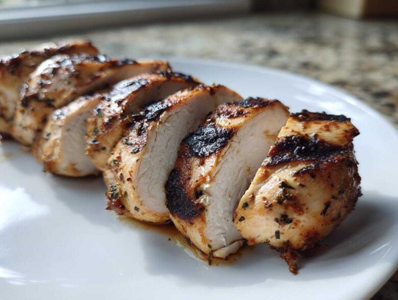 Close-up of sliced Copycat Chipotle Chicken breast showing juicy white meat and charred, seasoned exterior.