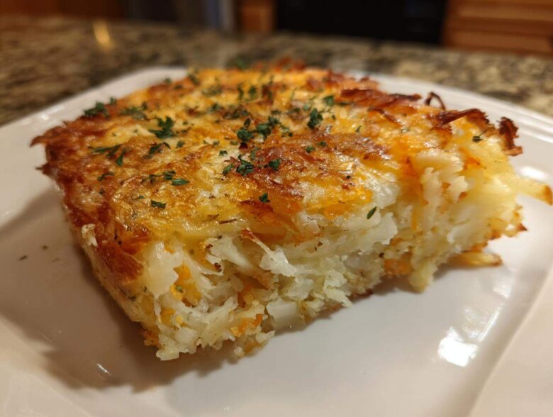 A close-up serving of golden brown Copycat Cracker Barrel Hashbrown Casserole topped with melted cheese and parsley.