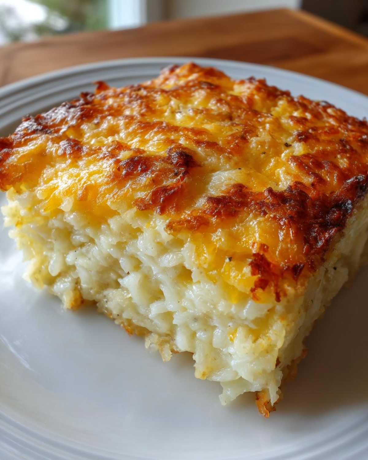 Close-up of a square serving of creamy Copycat Cracker Barrel Hashbrown Casserole with a bubbly, golden-brown cheese topping.