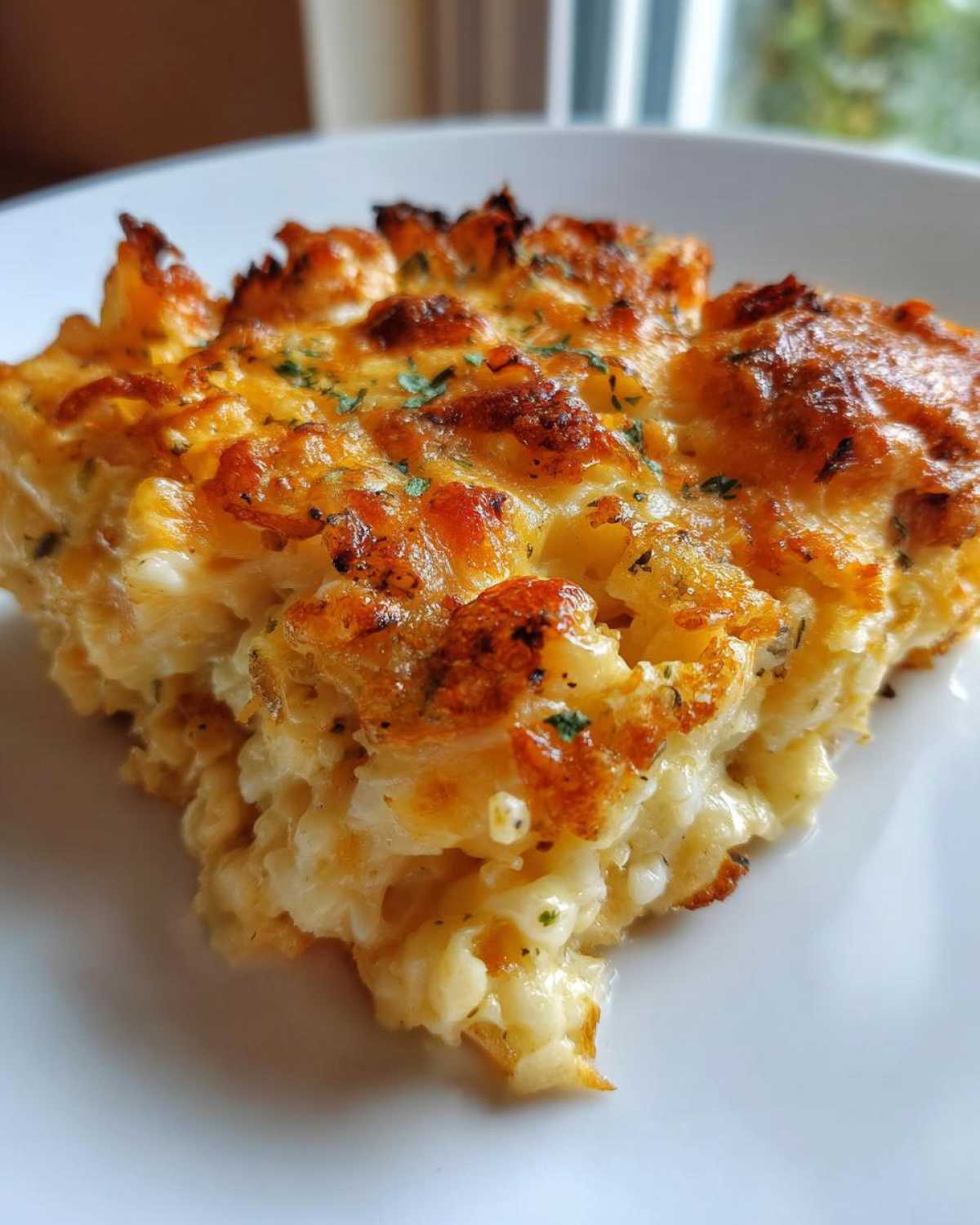 Close-up of a cheesy, golden-brown slice of Copycat Cracker Barrel Hashbrown Casserole on a white plate.