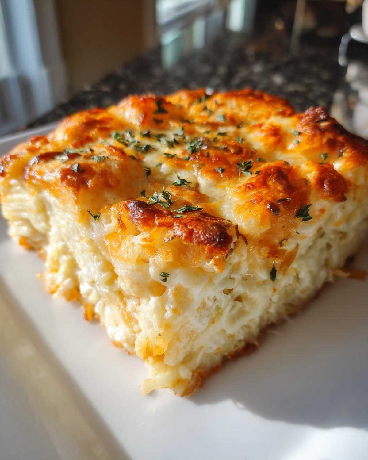A close-up of a square slice of creamy Copycat Cracker Barrel Hashbrown Casserole with a golden, cheesy top.