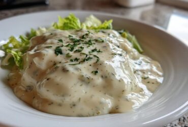 Close-up of thick, creamy Copycat Olive Garden Salad Dressing generously poured over crisp lettuce leaves in a white bowl.
