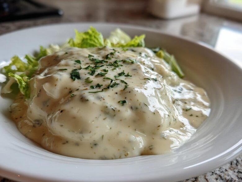 Close-up of thick, creamy Copycat Olive Garden Salad Dressing generously poured over crisp lettuce leaves in a white bowl.