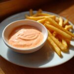 A small white bowl filled with creamy, orange-tinted Copycat Raising Cane’s Sauce next to a pile of golden french fries.
