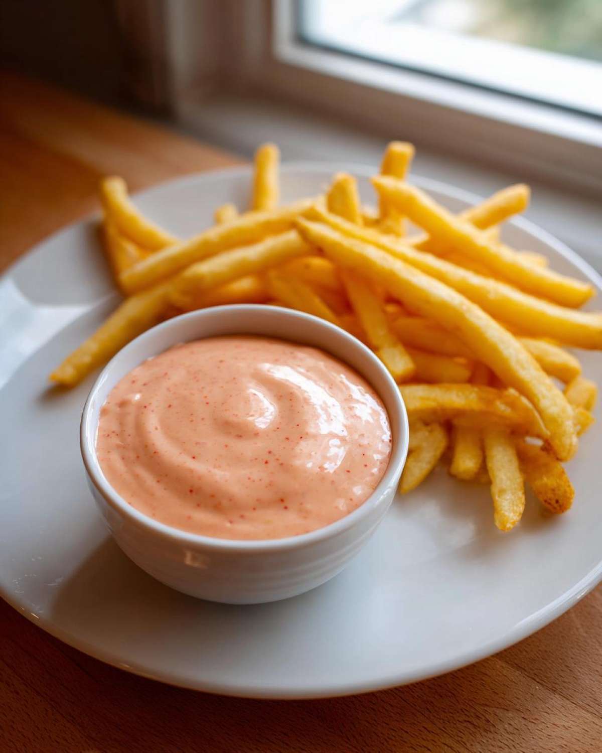 A small white bowl filled with Copycat Raising Cane’s Sauce next to a pile of golden french fries on a white plate.