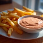 A small white bowl of creamy, orange-tinted Copycat Raising Cane’s Sauce served next to a pile of golden french fries.