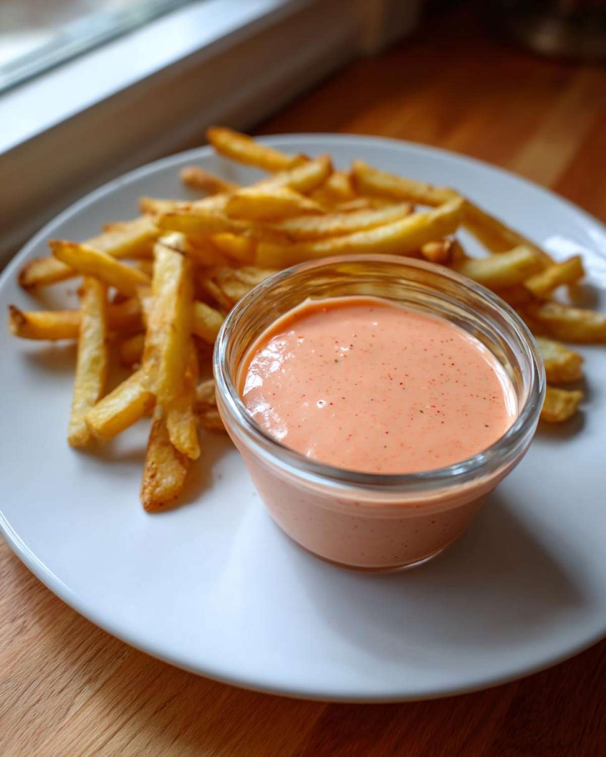 A small glass bowl of creamy, orange-pink Copycat Raising Cane’s Sauce served next to a pile of golden french fries on a white plate.