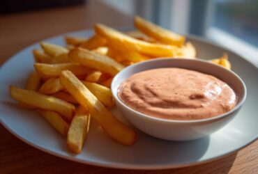A small white bowl of creamy, orange-tinted Copycat Raising Cane’s Sauce served next to a pile of golden french fries.