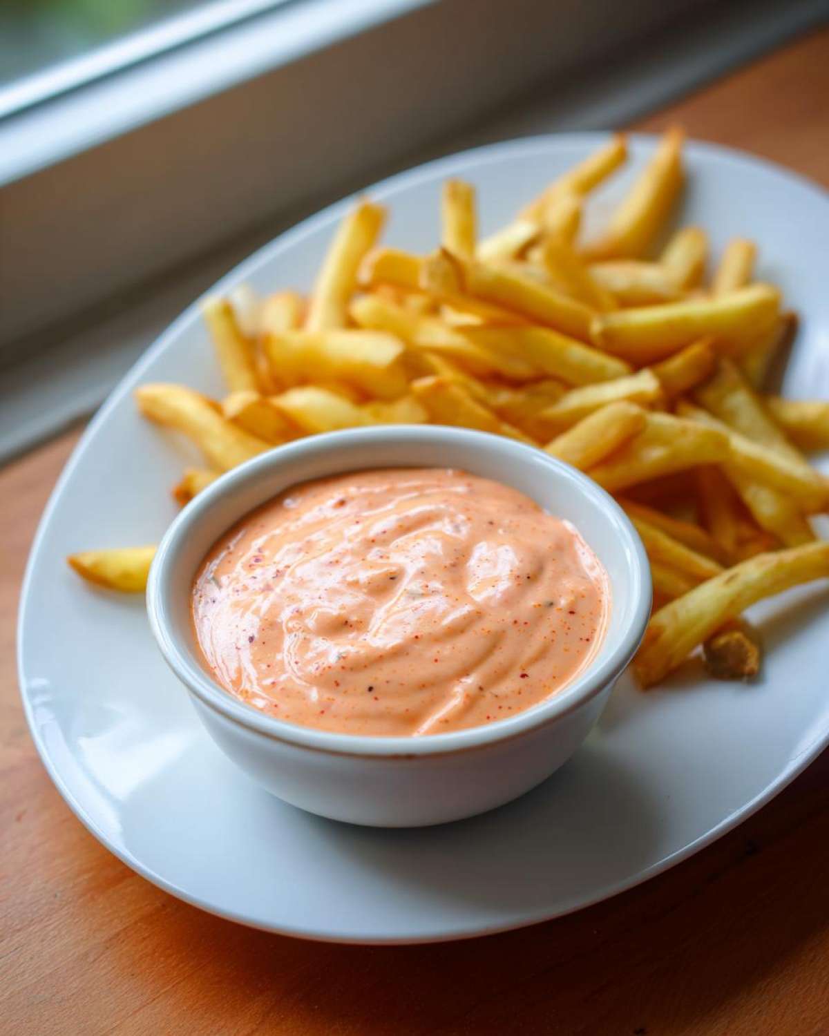 A small white bowl filled with creamy, orange-tinted Copycat Raising Cane’s Sauce sits next to a pile of golden french fries on a white plate.