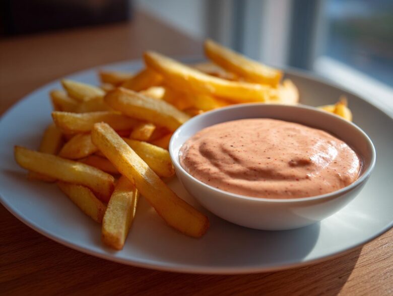 A small white bowl of creamy, orange-tinted Copycat Raising Cane’s Sauce served next to a pile of golden french fries.