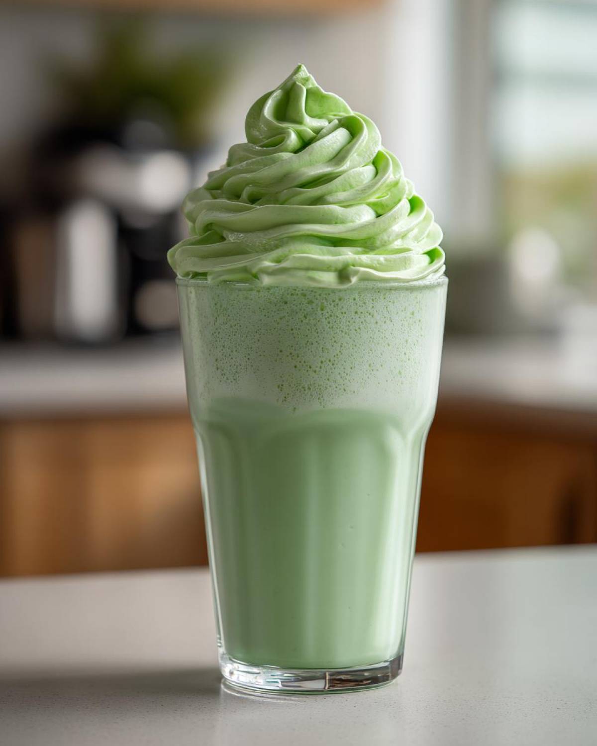 A tall glass filled with a green Copycat Shamrock Shake topped with a swirl of bright green mint whipped cream.