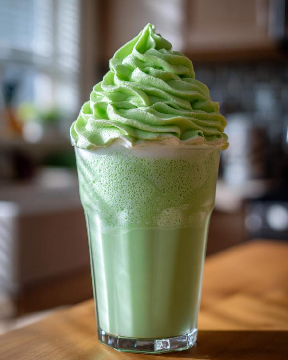 A tall glass filled with a vibrant green Copycat Shamrock Shake topped high with piped mint whipped cream.