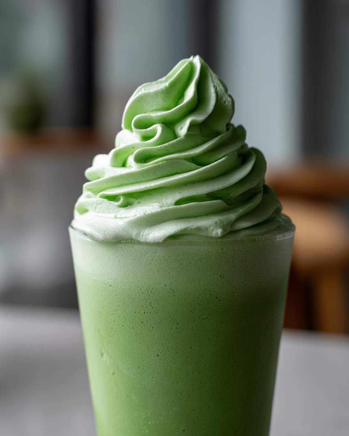 Close-up of a vibrant green Copycat Shamrock Shake topped with a swirl of mint whipped cream.
