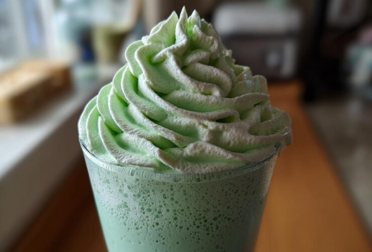 Close-up of a vibrant green Copycat Shamrock Shake topped with a generous swirl of mint whipped cream.