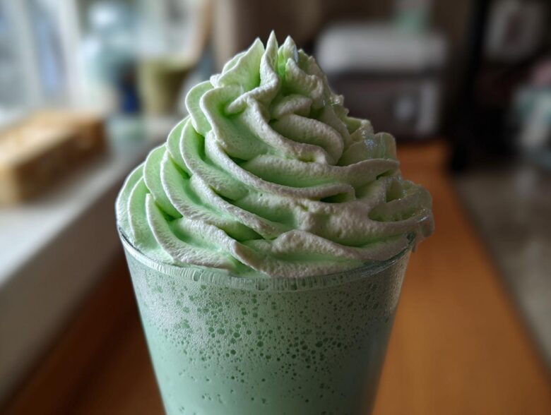 Close-up of a vibrant green Copycat Shamrock Shake topped with a generous swirl of mint whipped cream.