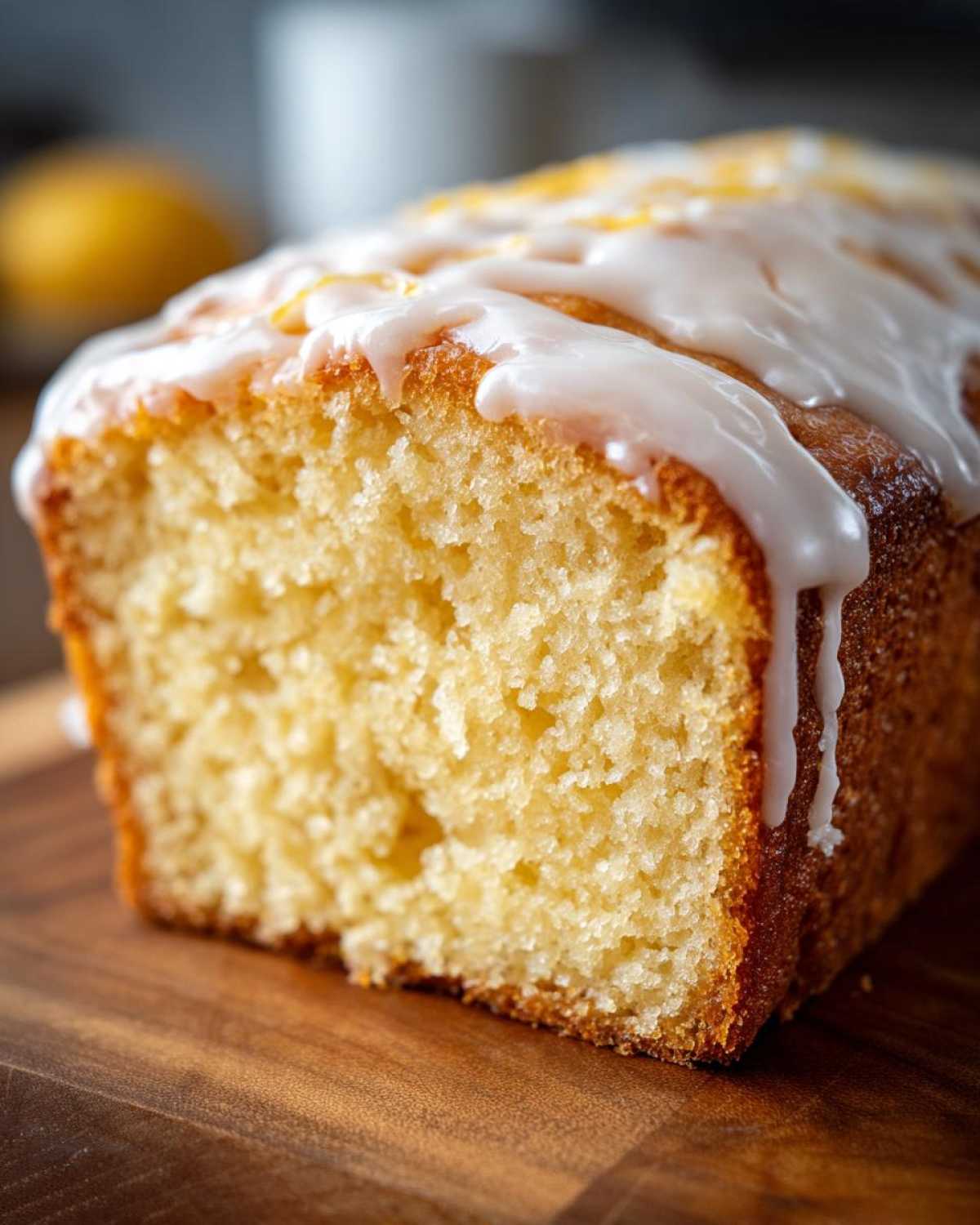 Close-up of the moist, yellow crumb of a Copycat Starbucks Iced Lemon Loaf topped with white glaze.