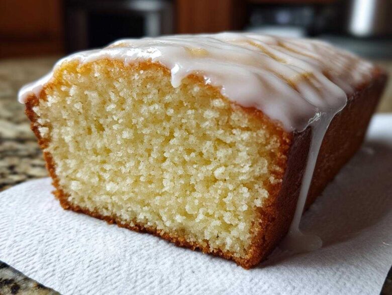 Close-up of a slice of moist Copycat Starbucks Iced Lemon Loaf with thick white glaze dripping down the side.