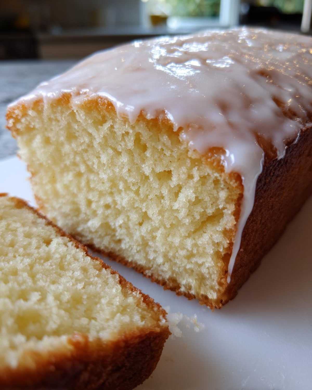 Close-up of a sliced Copycat Starbucks Iced Lemon Loaf showing the moist crumb and thick white lemon glaze.