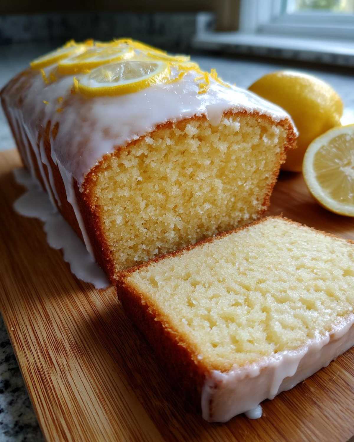 A moist Copycat Starbucks Iced Lemon Loaf, drizzled with white glaze and topped with lemon slices.
