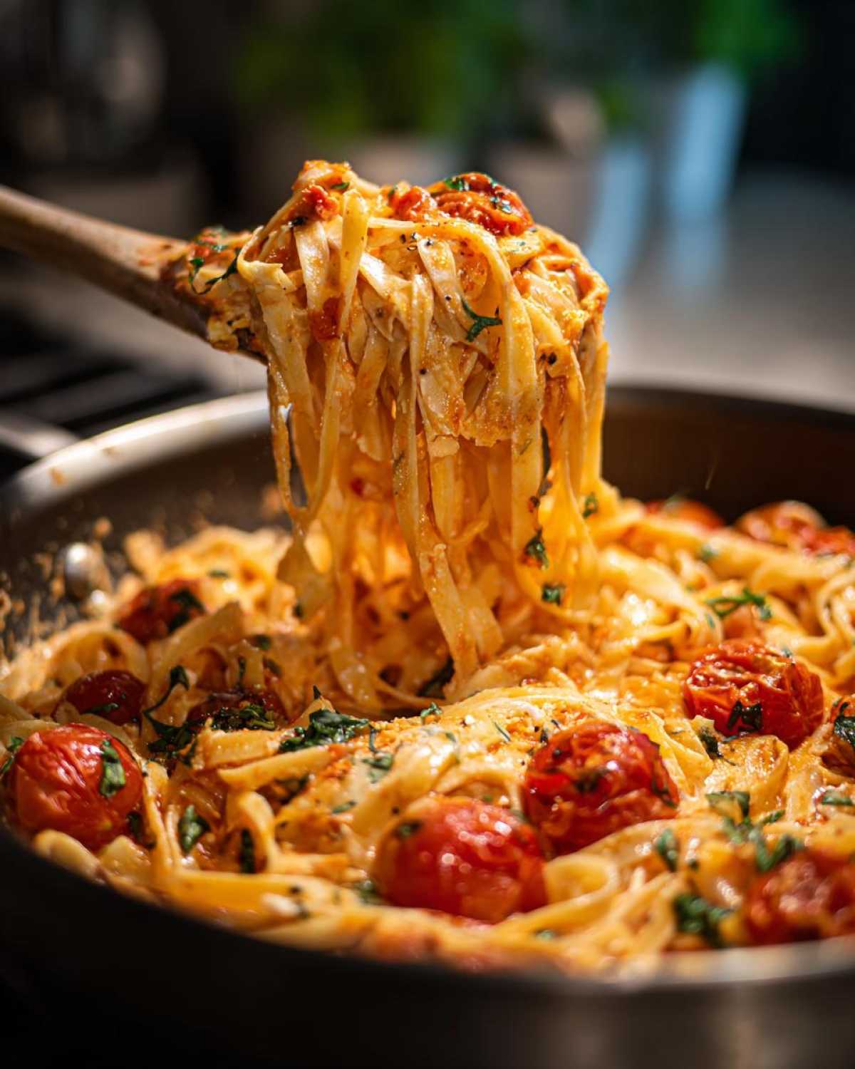 A wooden spoon lifts creamy fettuccine coated in sauce and roasted cherry tomatoes from a pan of Baked Feta Pasta with Cherry Tomatoes.